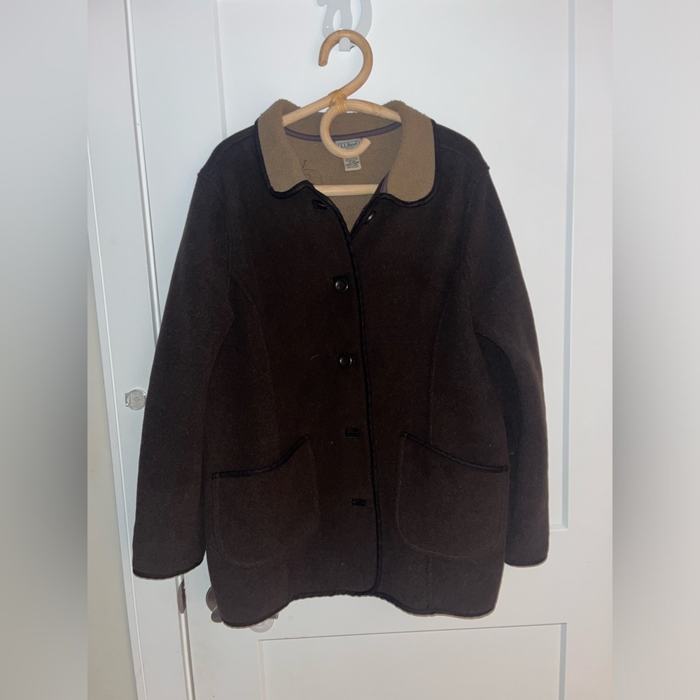 EUC Womens LL Bean Chocolate Brown Fleece Coat Jacket